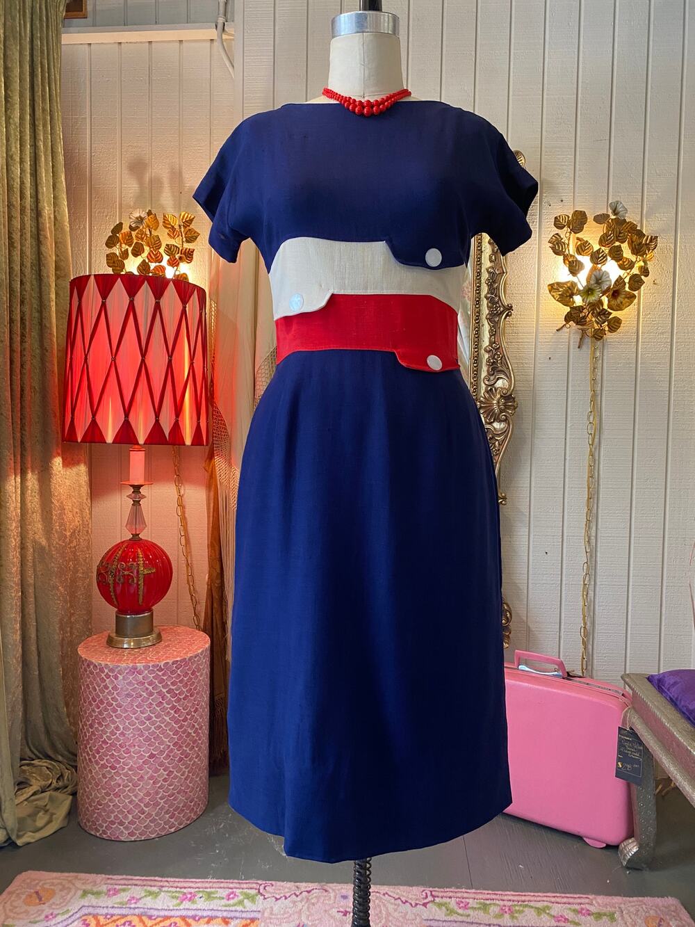 vintage 1950s linen wiggle dress, red white blue, patriotic, 50s fashion, maisel